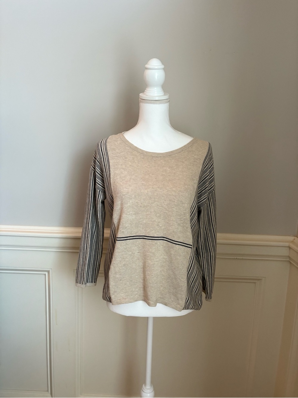 “POETRY” Of The UK 100% Cotton Beige with Black-Striped 3/4 Sleeves Sweater
